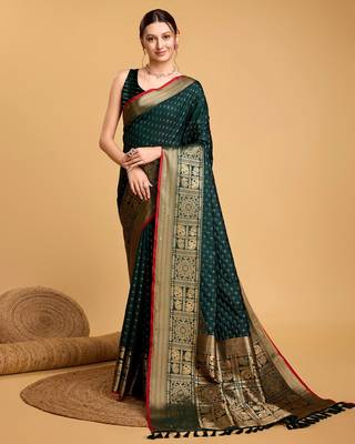 Green Woven Faux Kanchipuram Zari Silk saree With Blouse Piece 1
