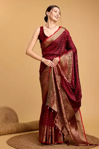 Maroon Woven Faux Kanchipuram Zari Silk saree With Blouse Piece