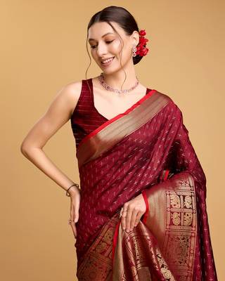 Maroon Woven Faux Kanchipuram Zari Silk saree With Blouse Piece 4