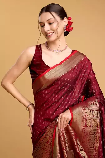 Maroon Woven Faux Kanchipuram Zari Silk saree With Blouse Piece