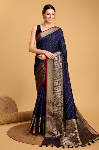 Navy Blue Woven Faux Kanchipuram Zari Silk saree With Blouse Piece