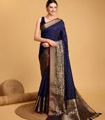 Navy Blue Woven Faux Kanchipuram Zari Silk saree With Blouse Piece