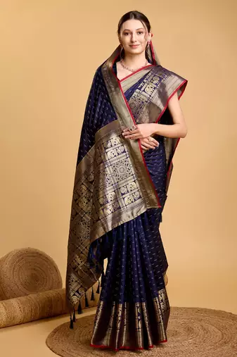 Navy Blue Woven Faux Kanchipuram Zari Silk saree With Blouse Piece