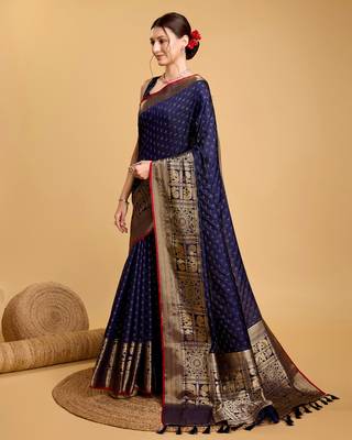 Navy Blue Woven Faux Kanchipuram Zari Silk saree With Blouse Piece 3