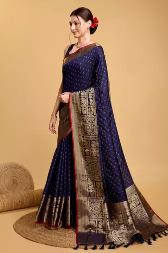 Navy Blue Woven Faux Kanchipuram Zari Silk saree With Blouse Piece