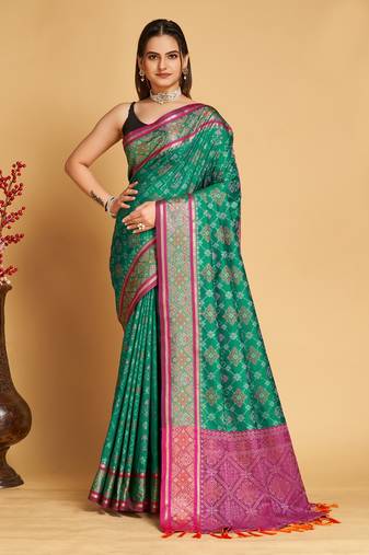 Rama Green Woven Silk Patola Silk Patola Saris With Blouse Piece
