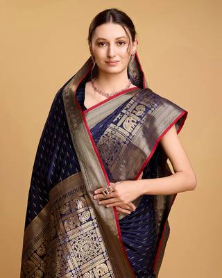 Navy Blue Woven Faux Kanchipuram Zari Silk saree With Blouse Piece 4