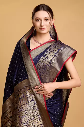 Navy Blue Woven Faux Kanchipuram Zari Silk saree With Blouse Piece