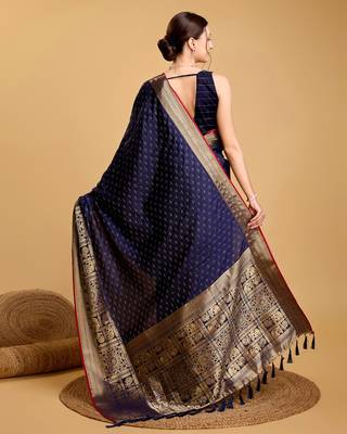 Navy Blue Woven Faux Kanchipuram Zari Silk saree With Blouse Piece 5