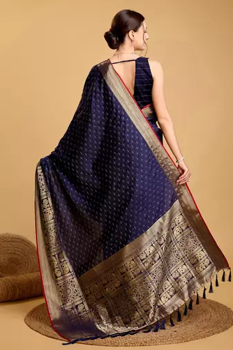 Navy Blue Woven Faux Kanchipuram Zari Silk saree With Blouse Piece