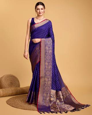 Royal Blue Woven Faux Kanchipuram Zari Silk saree With Blouse Piece 1