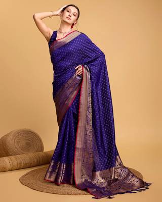 Royal Blue Woven Faux Kanchipuram Zari Silk saree With Blouse Piece 2