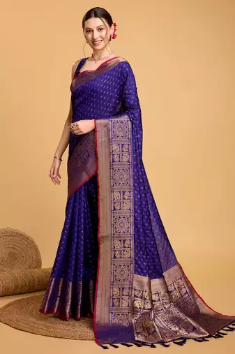 Royal Blue Woven Faux Kanchipuram Zari Silk saree With Blouse Piece