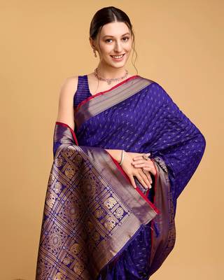Royal Blue Woven Faux Kanchipuram Zari Silk saree With Blouse Piece 4
