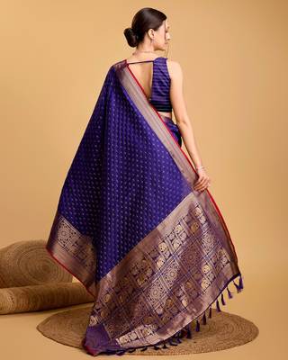 Royal Blue Woven Faux Kanchipuram Zari Silk saree With Blouse Piece 5