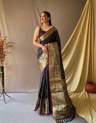Black Woven Faux Kanchipuram Zari Silk saree With Blouse Piece 1