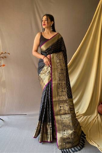 Black Woven Faux Kanchipuram Zari Silk saree With Blouse Piece