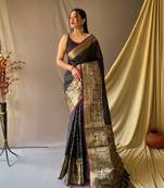 Black Woven Faux Kanchipuram Zari Silk saree With Blouse Piece