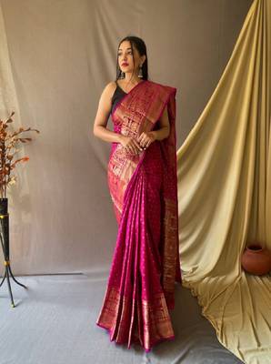 Dark Pink Woven Faux Kanchipuram Zari Silk saree With Blouse Piece 1