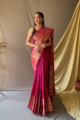 Dark Pink Woven Faux Kanchipuram Zari Silk saree With Blouse Piece