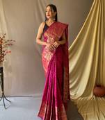 Dark Pink Woven Faux Kanchipuram Zari Silk saree With Blouse Piece