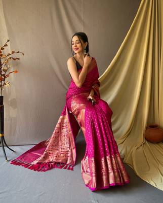 Dark Pink Woven Faux Kanchipuram Zari Silk saree With Blouse Piece 2