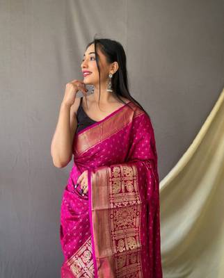 Dark Pink Woven Faux Kanchipuram Zari Silk saree With Blouse Piece 3