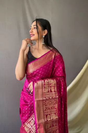 Dark Pink Woven Faux Kanchipuram Zari Silk saree With Blouse Piece