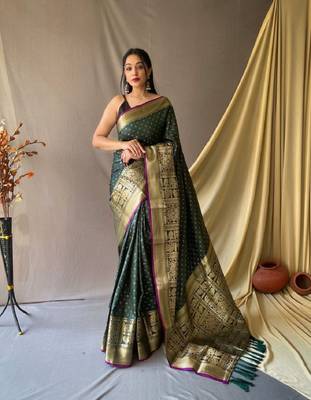 Green Woven Faux Kanchipuram Zari Silk saree With Blouse Piece 1