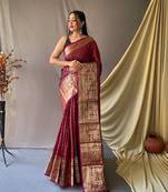Maroon Woven Faux Kanchipuram Zari Silk saree With Blouse Piece