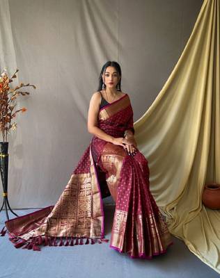 Maroon Woven Faux Kanchipuram Zari Silk saree With Blouse Piece 2