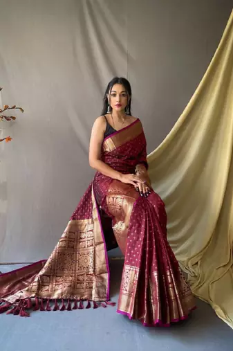 Maroon Woven Faux Kanchipuram Zari Silk saree With Blouse Piece