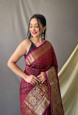 Maroon Woven Faux Kanchipuram Zari Silk saree With Blouse Piece 3