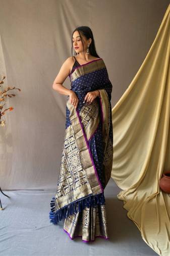 Navy Blue Woven Faux Kanchipuram Zari Silk saree With Blouse Piece