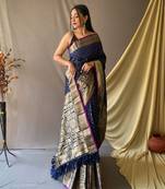 Navy Blue Woven Faux Kanchipuram Zari Silk saree With Blouse Piece