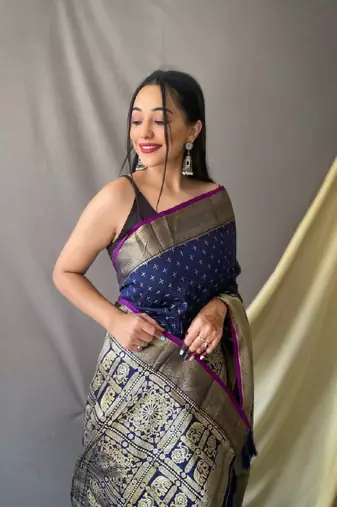 Navy Blue Woven Faux Kanchipuram Zari Silk saree With Blouse Piece
