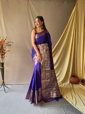 Royal Blue Woven Faux Kanchipuram Zari Silk saree With Blouse Piece 1