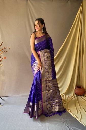Royal Blue Woven Faux Kanchipuram Zari Silk saree With Blouse Piece