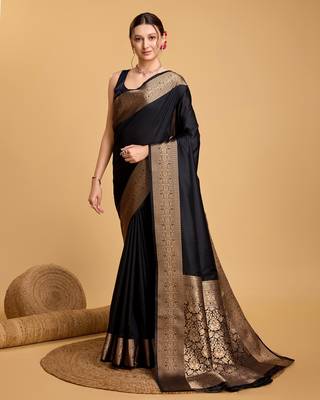 Black Woven Kanchipuram Silk Saree With Blouse Piece 1