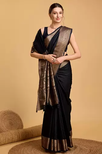 Black Woven Kanchipuram Silk Saree With Blouse Piece