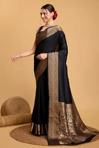 Black Woven Kanchipuram Silk Saree With Blouse Piece