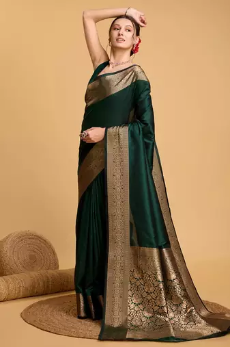 Forest Green Kanjivaram Silk Saree with Blouse Piece