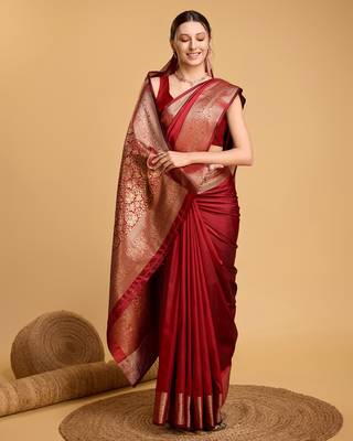 Red Woven Faux Kanchipuram Zari Silk saree With Blouse Piece 2