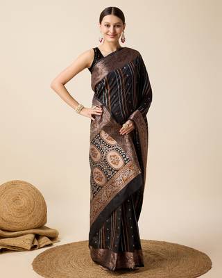 Black Woven Faux Kanchipuram Zari Silk saree With Blouse Piece 2
