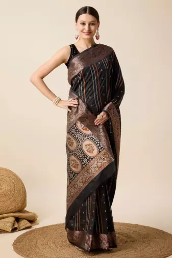Black Woven Faux Kanchipuram Zari Silk saree With Blouse Piece