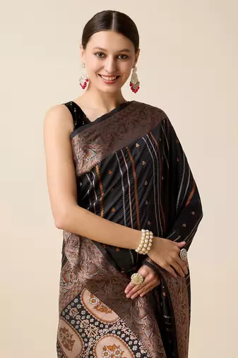 Black Woven Faux Kanchipuram Zari Silk saree With Blouse Piece