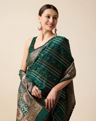 Green Woven Faux Kanchipuram Zari Silk saree With Blouse Piece 4