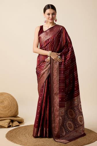 Maroon Woven Faux Kanchipuram Zari Silk saree With Blouse Piece