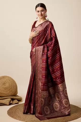 Maroon Woven Faux Kanchipuram Zari Silk saree With Blouse Piece