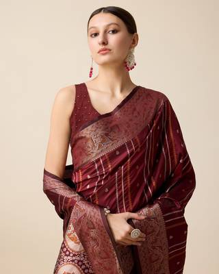 Maroon Woven Faux Kanchipuram Zari Silk saree With Blouse Piece 4